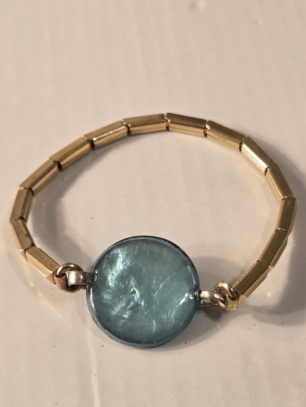 Gold Filled ,Bead Bracelet with Blue Mother-of-Pearl Disc